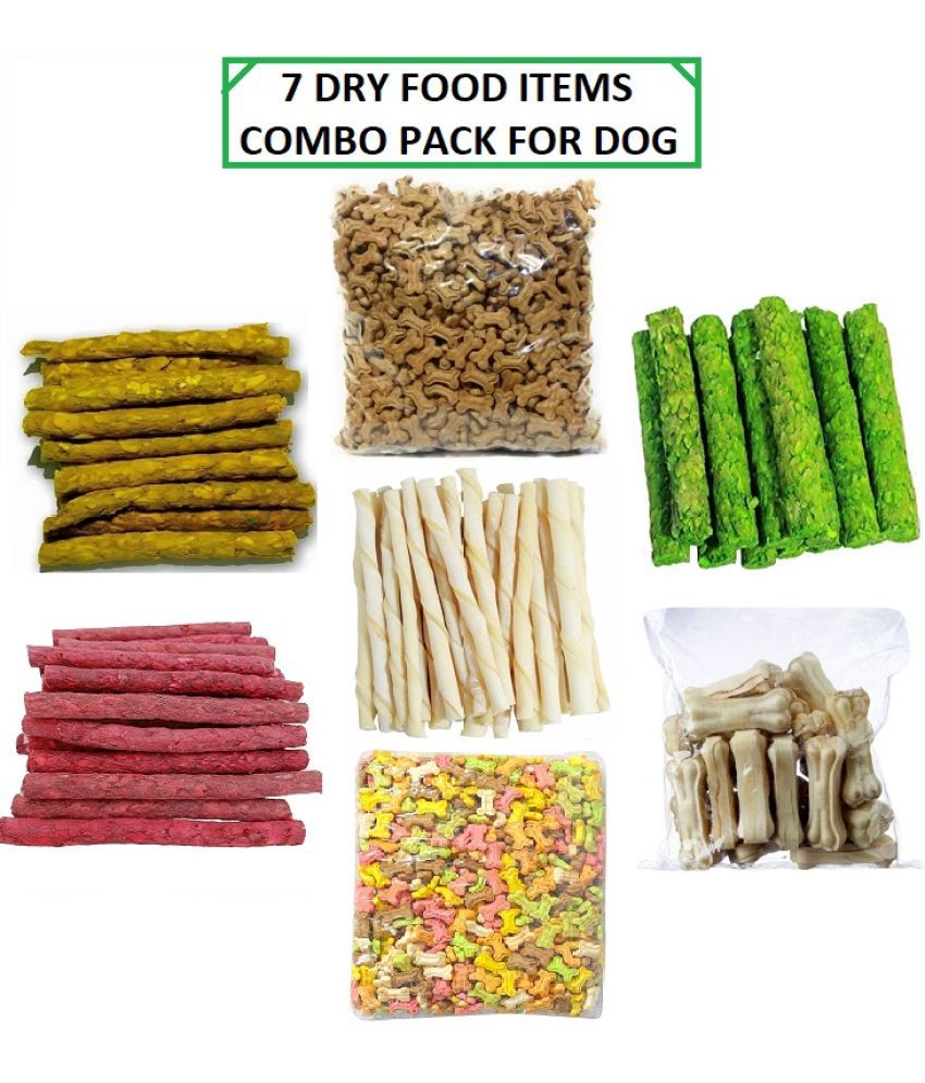     			The Treat Home 7 Dog Food Items Pack (Chicken, Mutton, Egg) Munchy Stick, Delicious (Cocoa & Mix) Biscuits, White Stick, 3 Inch Bone (Each 50Gm)