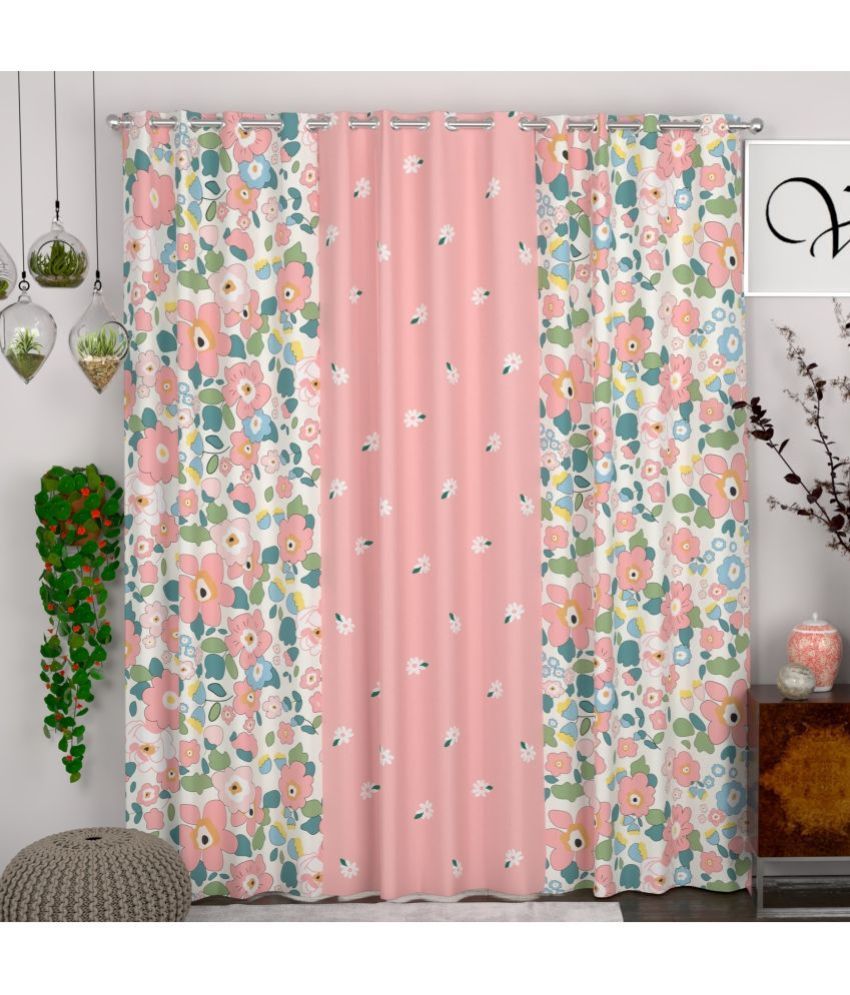     			chhavi india Floral Semi-Transparent Eyelet Curtain 7 ft ( Pack of 3 ) - Pink