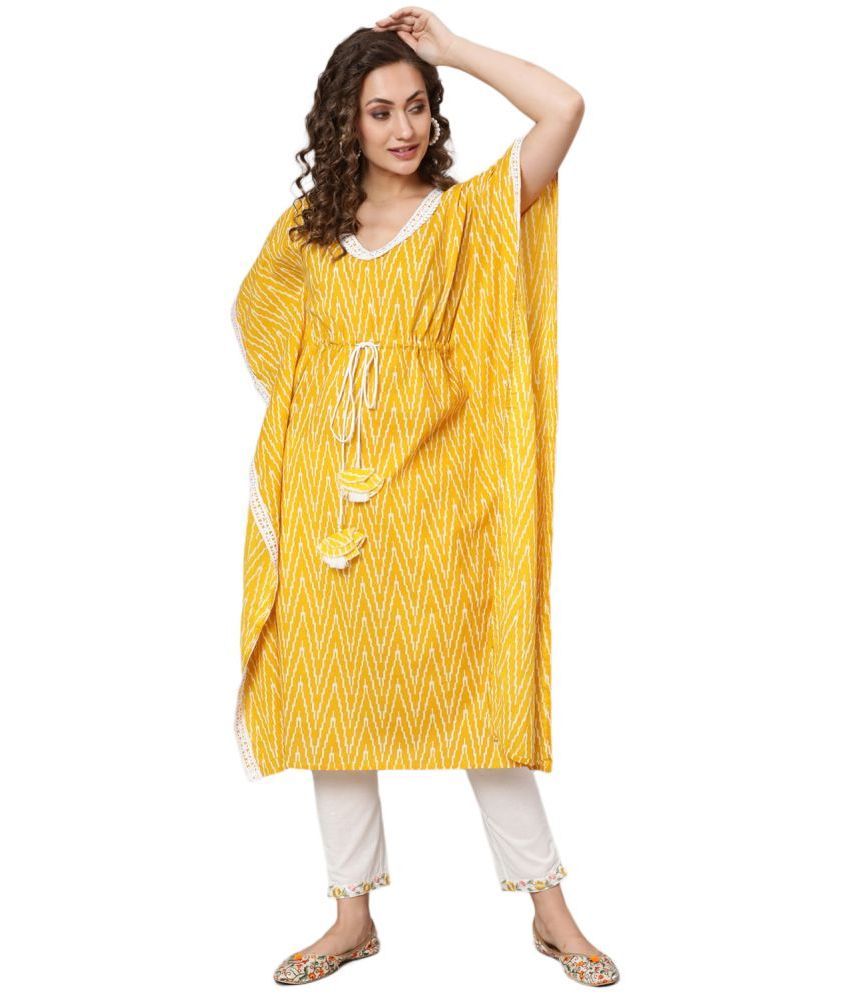     			Antaran Cotton Printed Kaftan Women's Kurti - Yellow ( Pack of 1 )