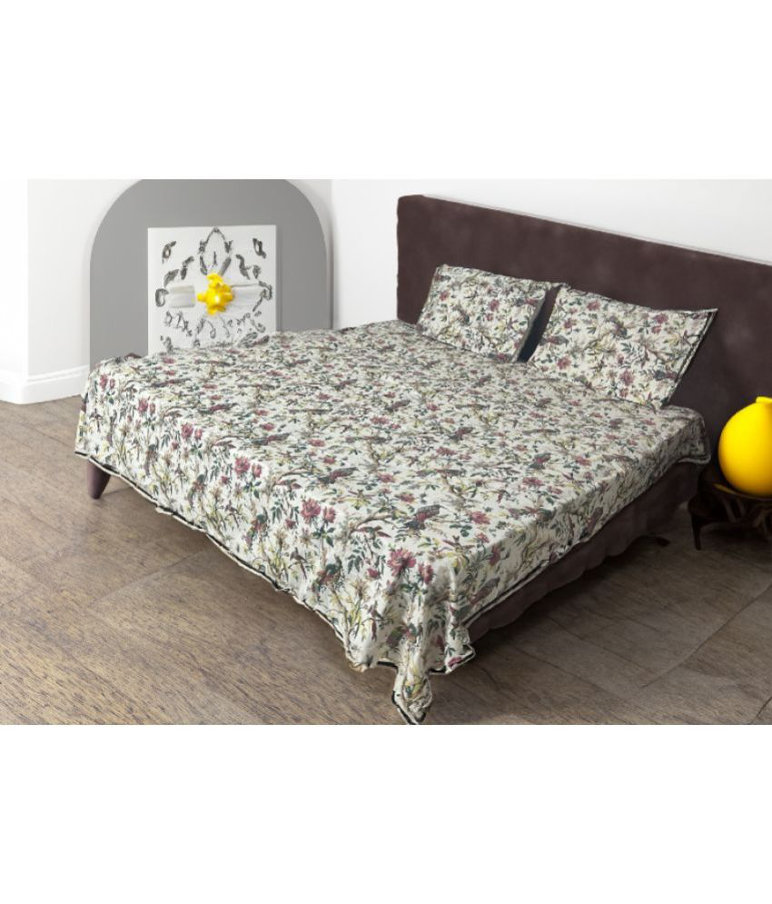     			Finesse Decor Cotton Floral Double Bedsheet with 2 Pillow Covers - White