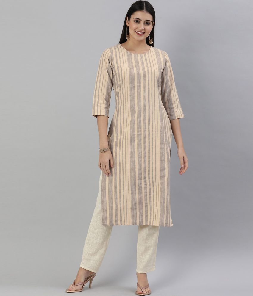     			Hritika Cotton Blend Striped Straight Women's Kurti - Brown ( Pack of 1 )