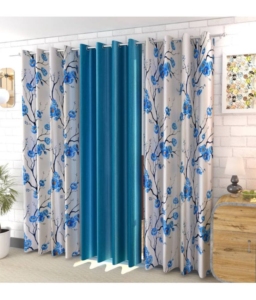     			Kraftiq Homes Floral Semi-Transparent Eyelet Curtain 5 ft ( Pack of 3 ) - Blue