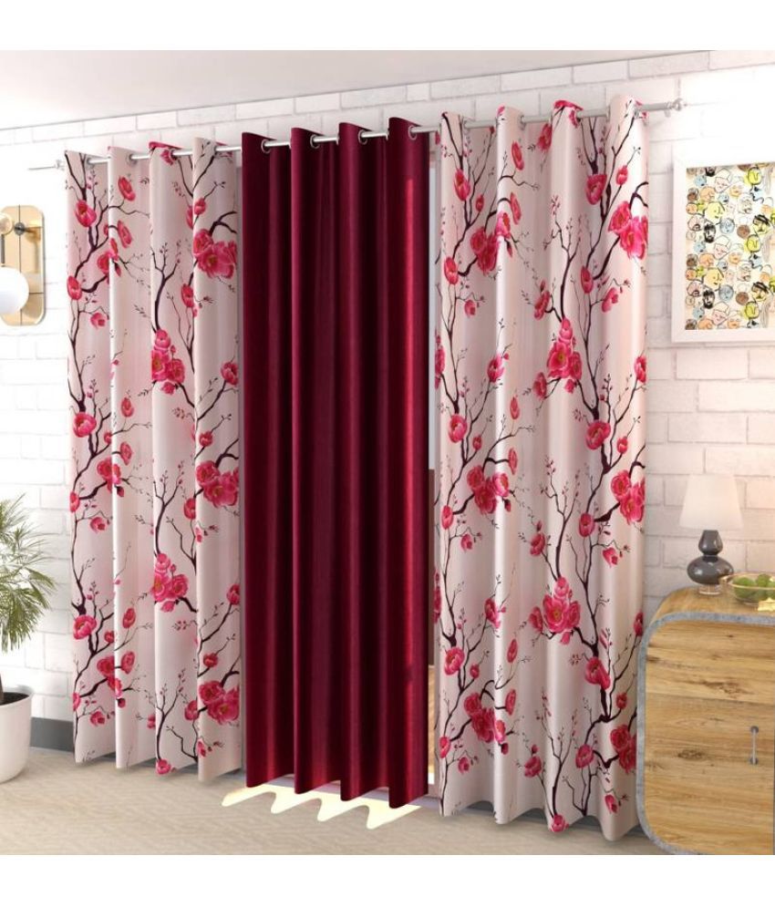     			Kraftiq Homes Floral Semi-Transparent Eyelet Curtain 5 ft ( Pack of 3 ) - Red