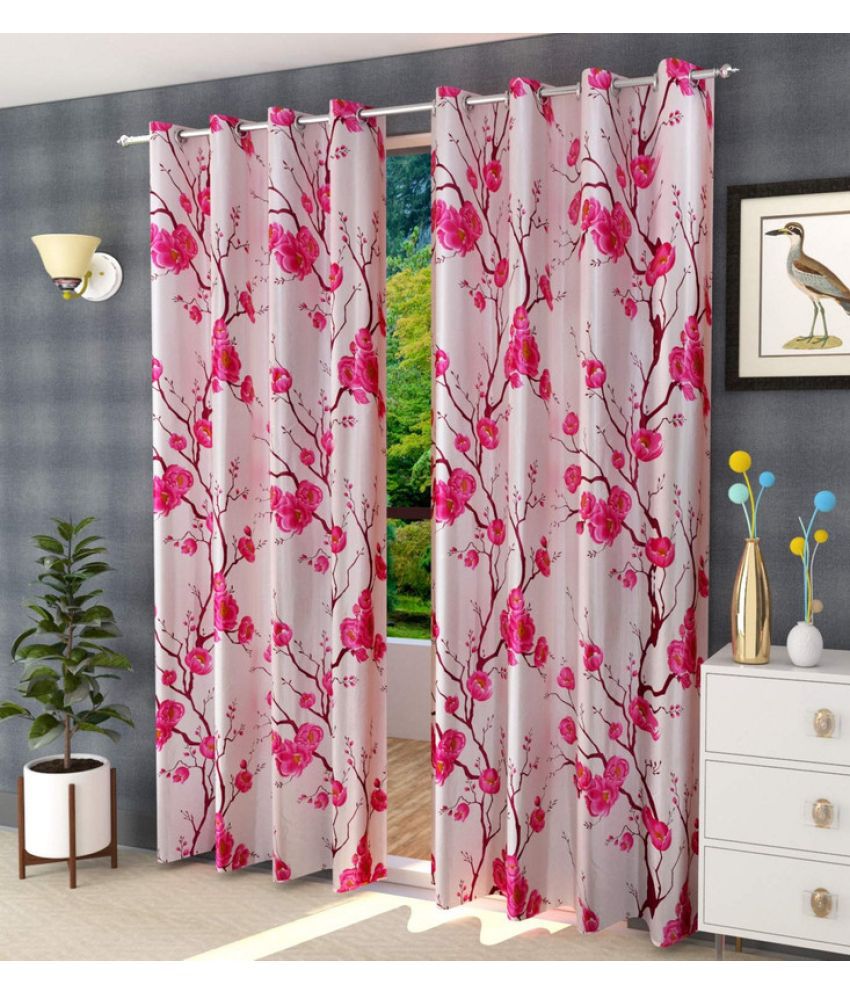     			Kraftiq Homes Floral Semi-Transparent Eyelet Curtain 5 ft ( Pack of 2 ) - Pink