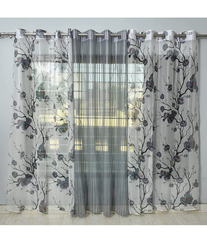     			Kraftiq Homes Floral Transparent Eyelet Curtain 5 ft ( Pack of 3 ) - Light Grey