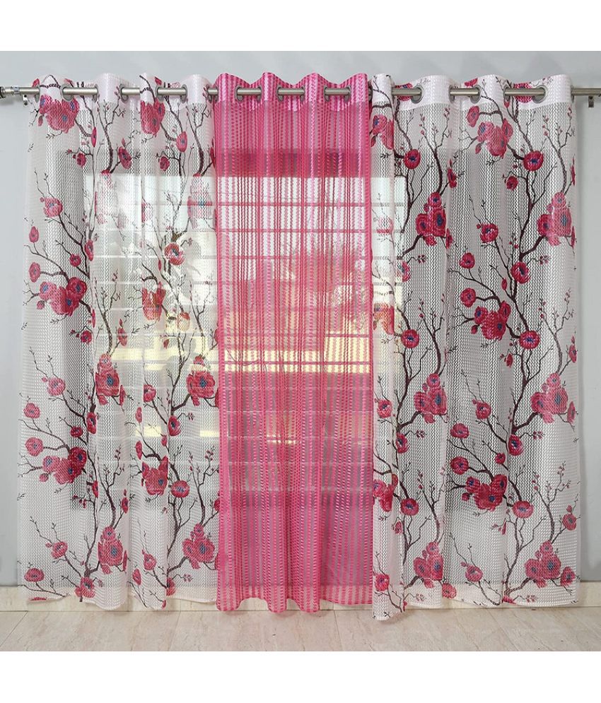     			Kraftiq Homes Floral Transparent Eyelet Curtain 5 ft ( Pack of 3 ) - Pink