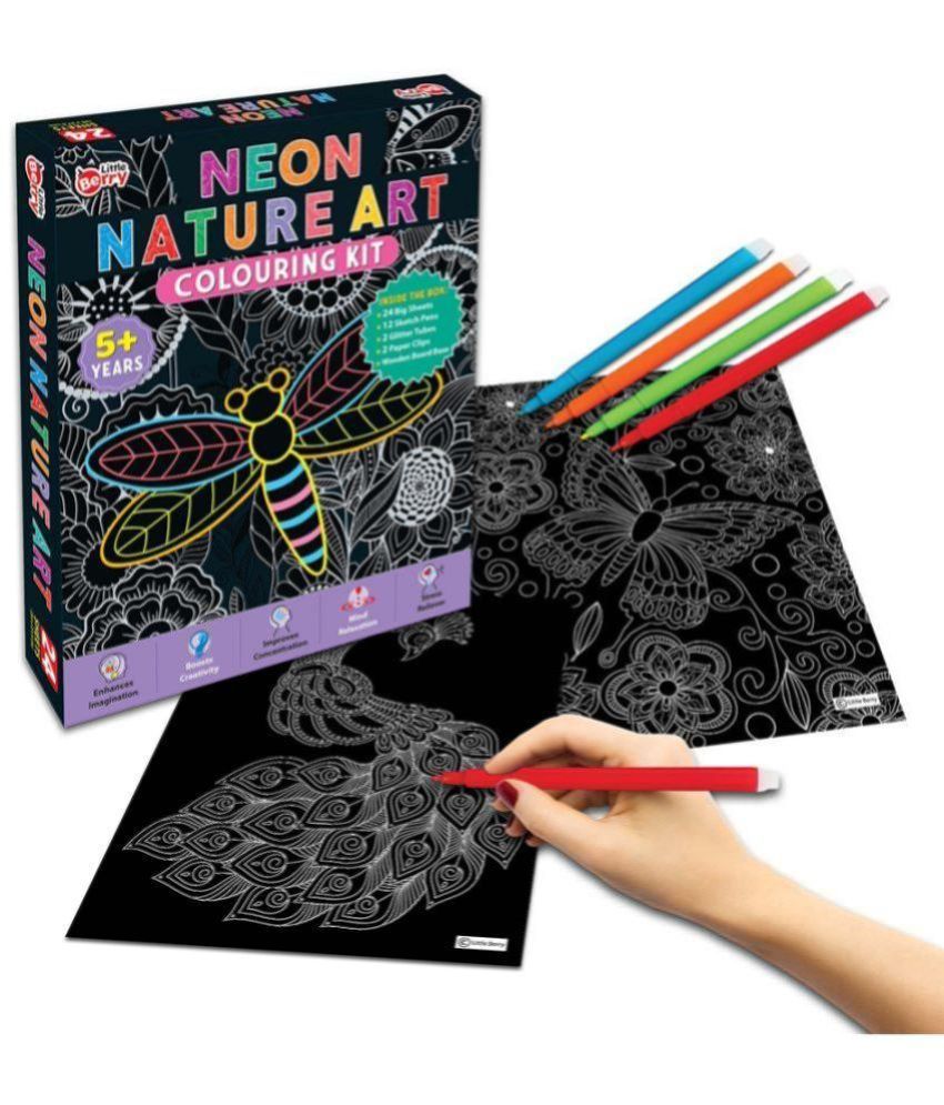     			Little Berry Neon Nature Art Colouring Kit With 24 Big Sheets, 12 Sketch Pens and Glitter Tubes - Neon Mandala Colouring Set for Adults, Girls, Boys, Kids - Mandala Art with Wooden Board and Paper Clips - Gifting, Art & Craft and Creativity Set