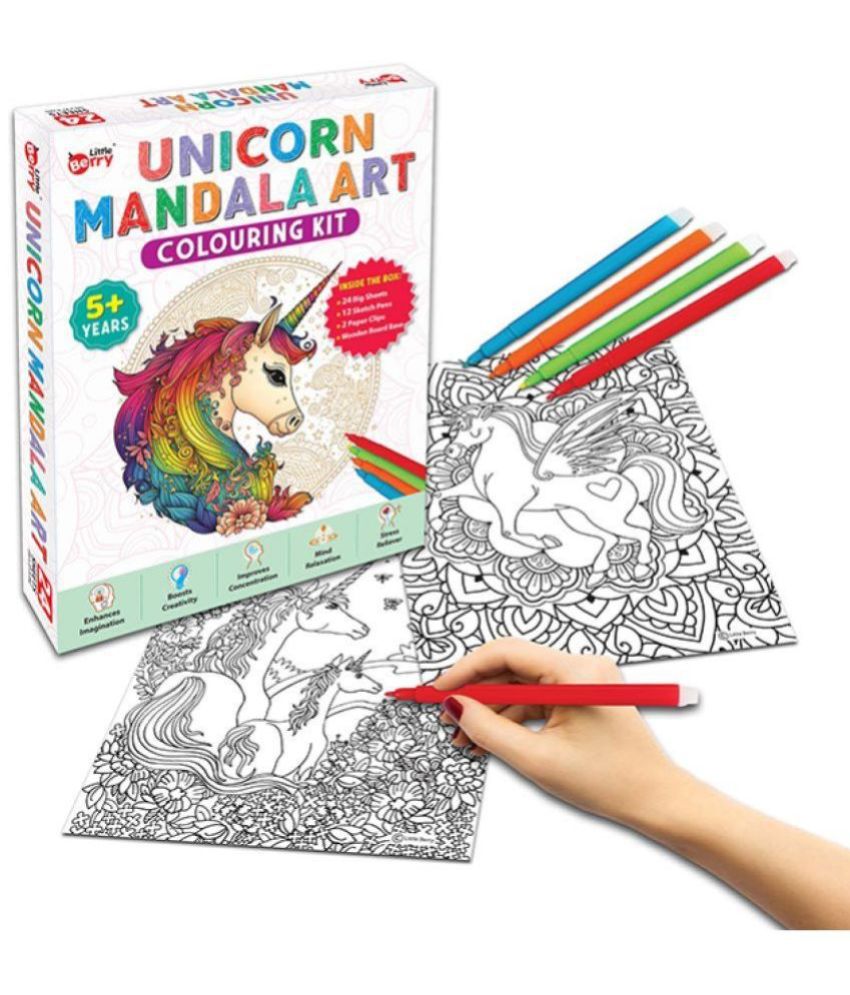     			Little Berry Unicorn Mandala Colouring Kit With 24 Big Sheets and 12 Sketch Pens - Mandala Set for Adults, Girls, Boys, Kids - Mandala Art with Wooden Board and Paper Clips - Gifting, Art & Craft and Creativity Set