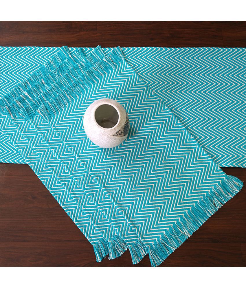     			ODE & CLEO Kitchen Linen Set of 6 Cotton Dining Table Mat's and Runner - Blue