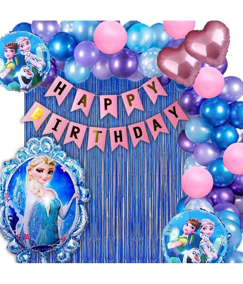     			Urban Classic Frozen theme pack of 60 pcs - 40 balloons(Purple, Pink ,Blue, Silver) ,1pc Birthday Banner, 2 curtain, 1pc frozen balloon, 2pc Purple Star Balloons, 2Pc round Frozen balloons.
