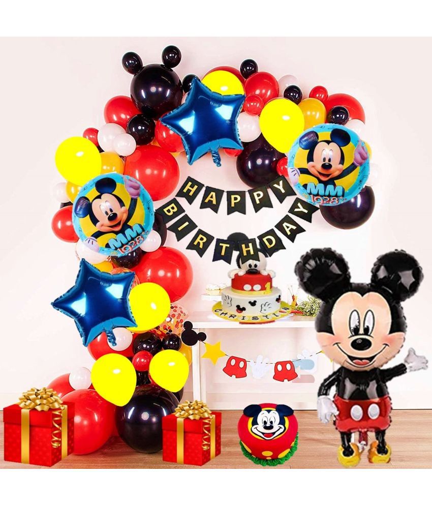     			Urban Classic Mickey Mouse Birthday Decoration Combo of 60pc -40 Balloons:(Red, White, Black, Yellow), 2pc Blue Star Balloons, 2pc Mickey Mouse Balloon, 1 Mickey Mouse Balloon, 1 Birthday Banner, Glue dot, Arch Tape.