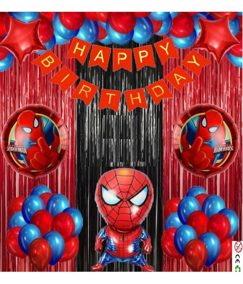     			Urban Classic Spider Man theme pack of 60 pcs - 40pcs of Red, Blue balloons,2pc Red Star Foil Balloons, 2pc Round Spider Man Foil Balloons, 1pc Happy Birthday Banner,2pc Curtains(Black, Red)