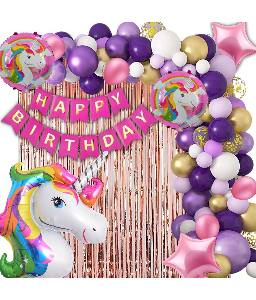    			Urban Classic Unicorn Theme Birthday Decoration Combo of 70pc - 40 Balloons(Pink, Purple, White, Gold), 5pc Unicorn Balloon Set , 1 Birthday Banner , 2 Gold Curtains