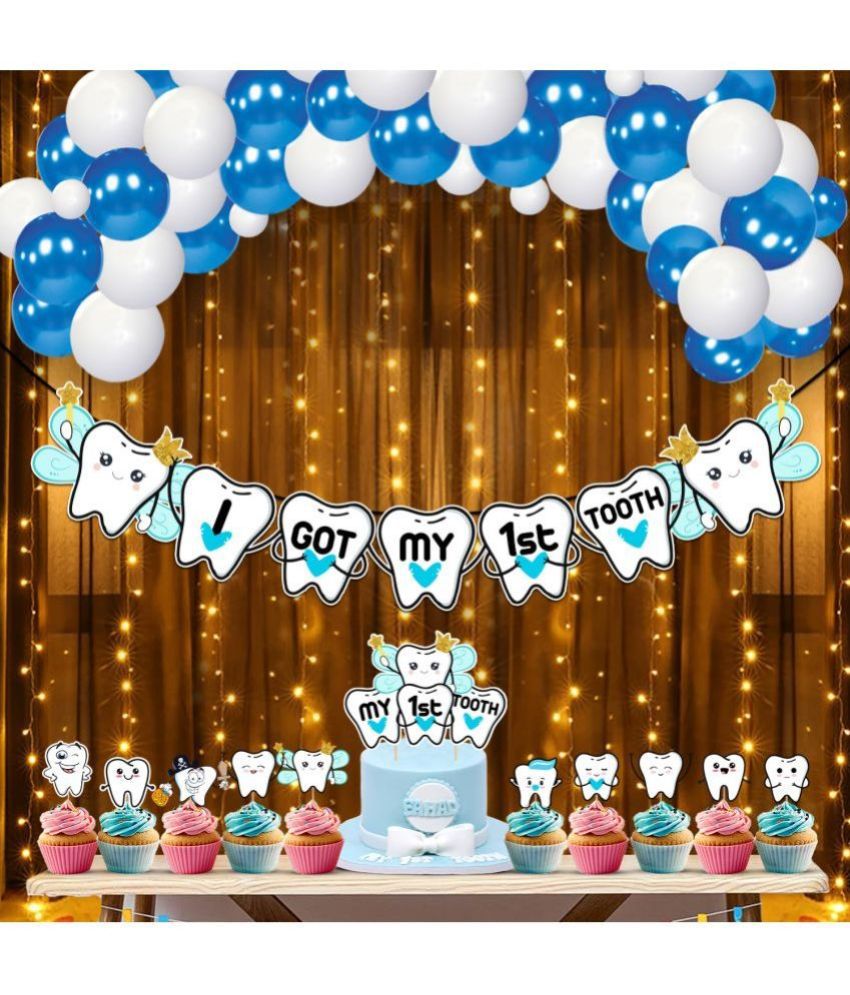     			ZYOZI  I Got My First Tooth Decorations | First Tooth Decoration Combo Set for Boy Baby - Banner, Balloons, Cake & Cupcake Topper & Rice Light (Pack Of 38)