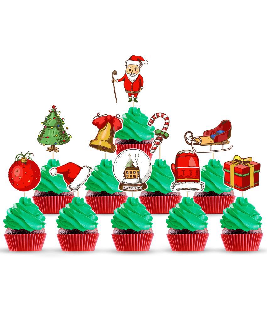    			Zyozi Large Size Merry Christmas Cup Cake Toppers, Xmas Party Cake Decoration, Merry Christmas Theme CupCake Topper (Pack Of 10)