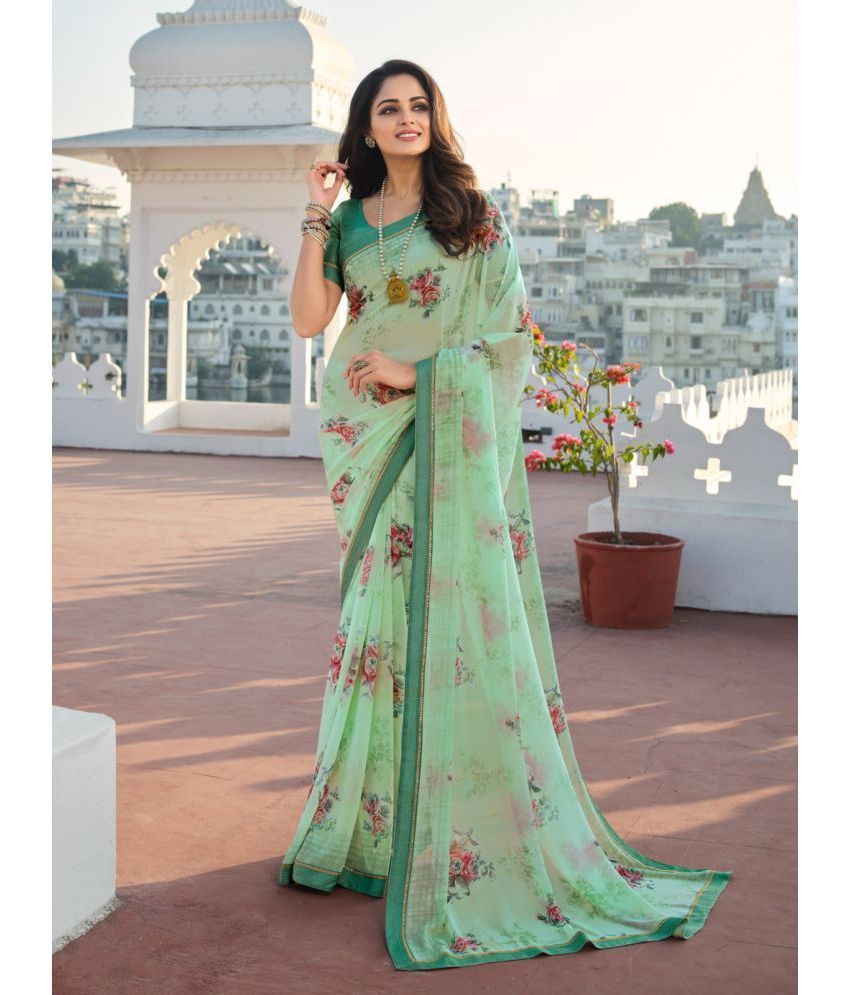     			BLEESBURY Women Floral Printed Georgette Saree with Blouse Piece - Mint Green