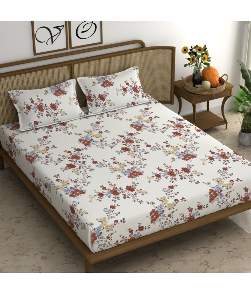     			chhavi india Poly Cotton Floral King Size Bedsheet With 2 Pillow Covers - White