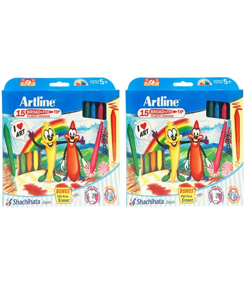     			Artline Broad & Fine Tip Non Toxic 15 Shades Plastic Crayons (Set of 2, Multicolor)