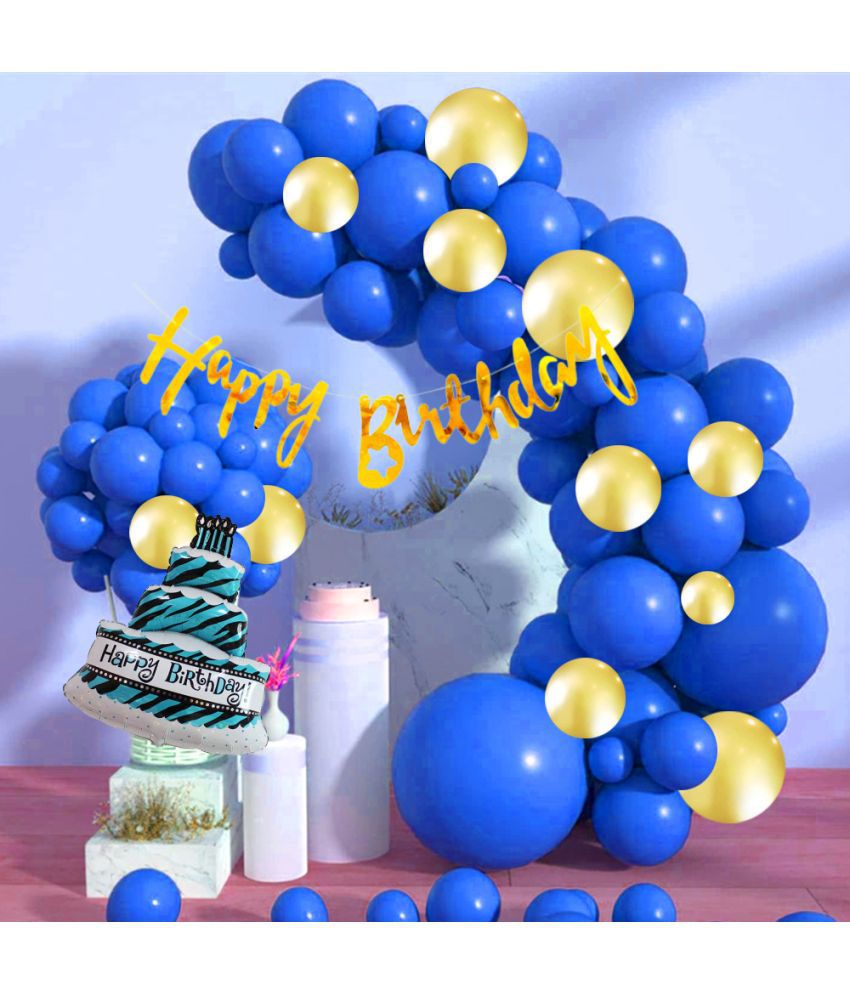     			Happy Birthday Banner Cursive (Golden) + 30 Metallic Balloons (Blue, Gold) + 1 Mini Foil Cake (Blue) for Birthday Decoration set, Birthday Kit, Birthday Decoration items, Birthday Balloon, Boy,Girls, Husband, Wife.