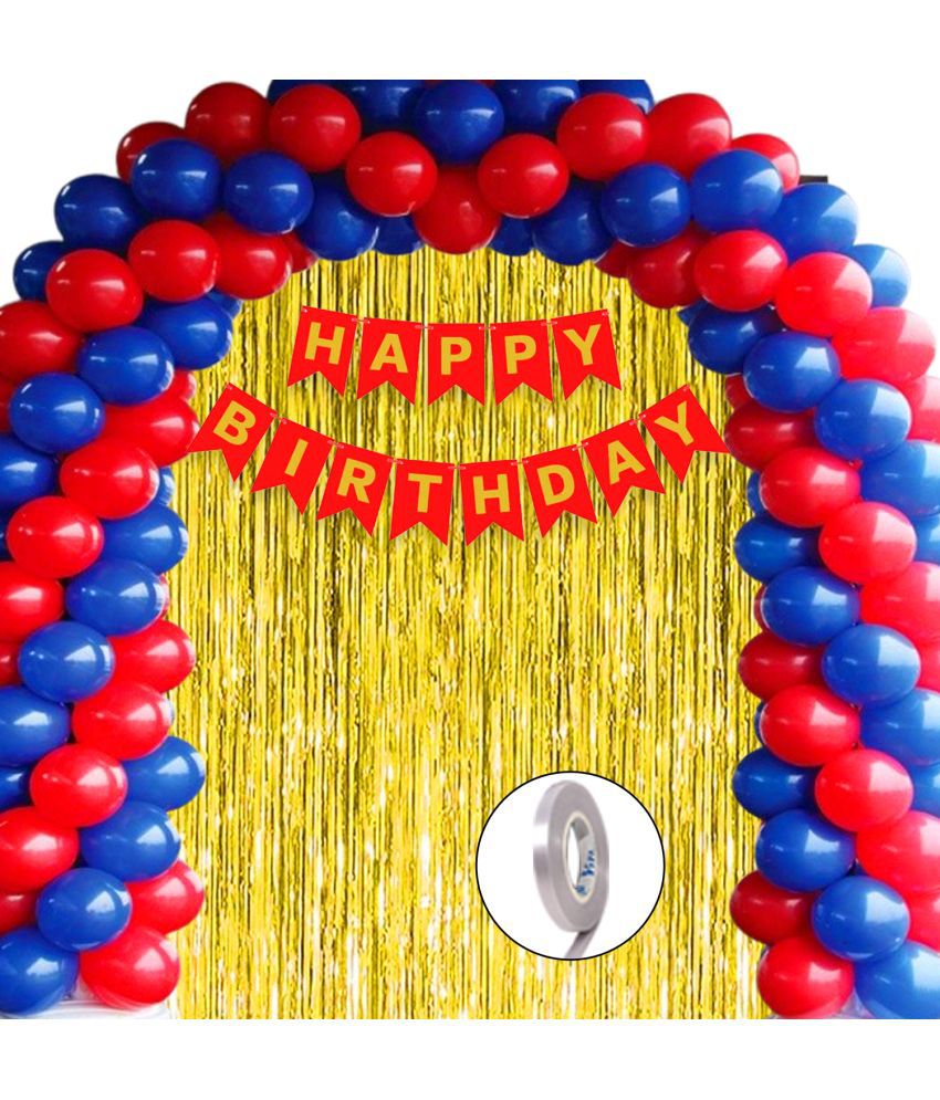     			Happy Birthday Banner (Red), 2 Fringe Curtain (Gold), 30 Metallic Balloons (Blue, Red), 1 Ribbon for Birthday Decorations Set, Birthday Balloon Combo, Items for Boy, Girl