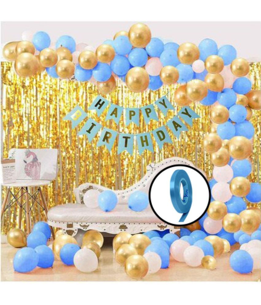     			Happy Birthday Banner (Sky Blue), 2 Fringe Curtain (Gold), 30 Metallic Balloons (SkyBlue, Gold, White), 1 Ribbon for Birthday Decorations Set, Birthday Balloon Combo, Items for Boy, Girl