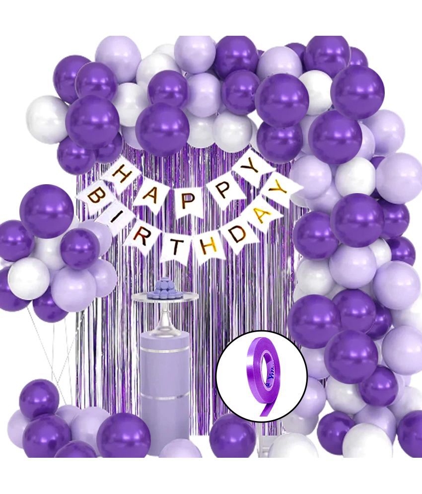     			Happy Birthday Banner (White), 2 Fringe Curtain (Purple), 30 Metallic Balloons (Purple, White), 1 Ribbon for Birthday Decorations Set, Birthday Balloon Combo, Items for Boy, Girl