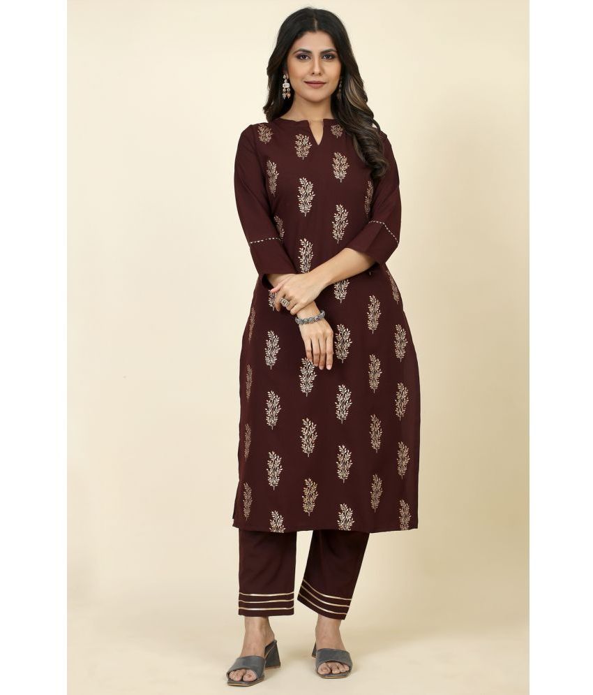     			Style Samsara Crepe Printed Kurti With Pants Women's Stitched Salwar Suit - Brown ( Pack of 1 )