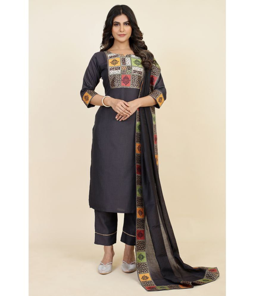     			Style Samsara Silk Printed Kurti With Pants Women's Stitched Salwar Suit - Grey ( Pack of 1 )