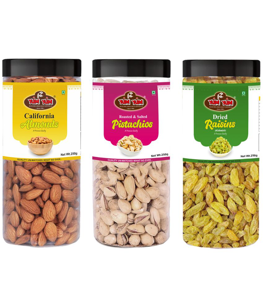     			YUM YUM Dry Fruits Combo Pack 750g (Almonds 250g,Pista 250g,Raisins 250g) Jar Each