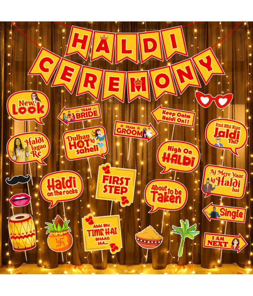     			Zyozi Haldi Ceremony Decoration Items / Haldi Ceremony Decorations For Bride - Haldi Ceremony Banner, Photo Booth Props & Rice Light (Pack Of 23)