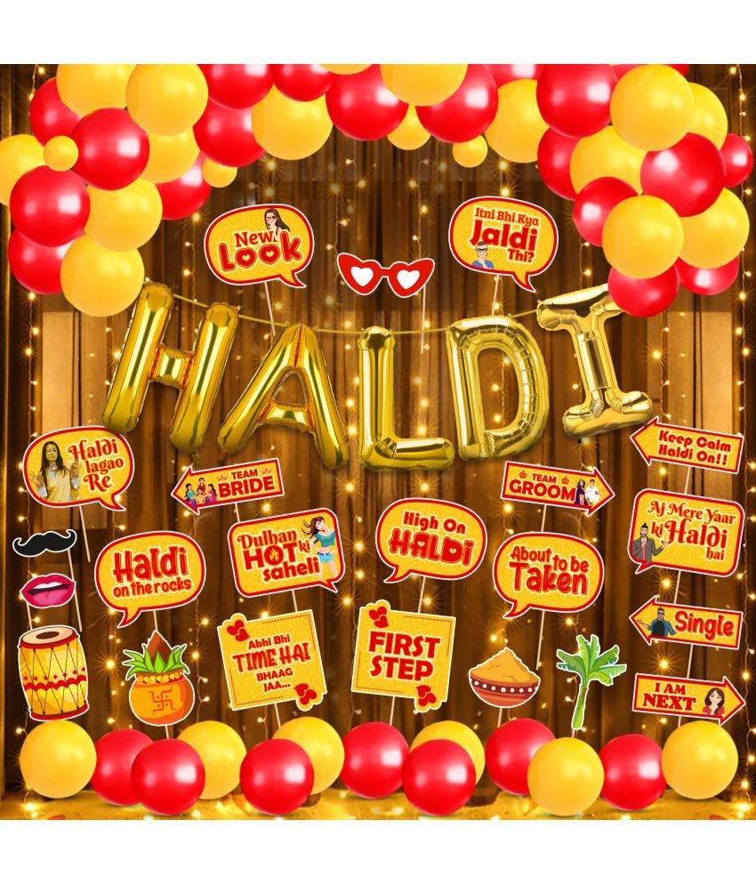     			Zyozi Haldi Ceremony Decoration Kit / Haldi Decoration Items For Bride - Haldi foil Balloons, Photo Booth Props, Balloons & Rice Light (Pack Of 43)