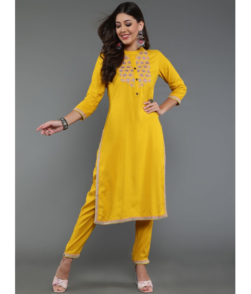     			Antaran Viscose Embroidered Kurti With Pants Women's Stitched Salwar Suit - Yellow ( Pack of 1 )