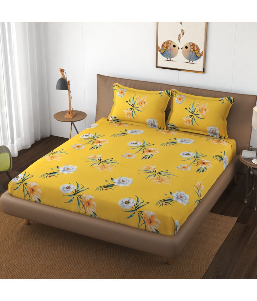     			HIDECOR Microfiber Floral Double Bedsheet with 2 Pillow Covers - Yellow