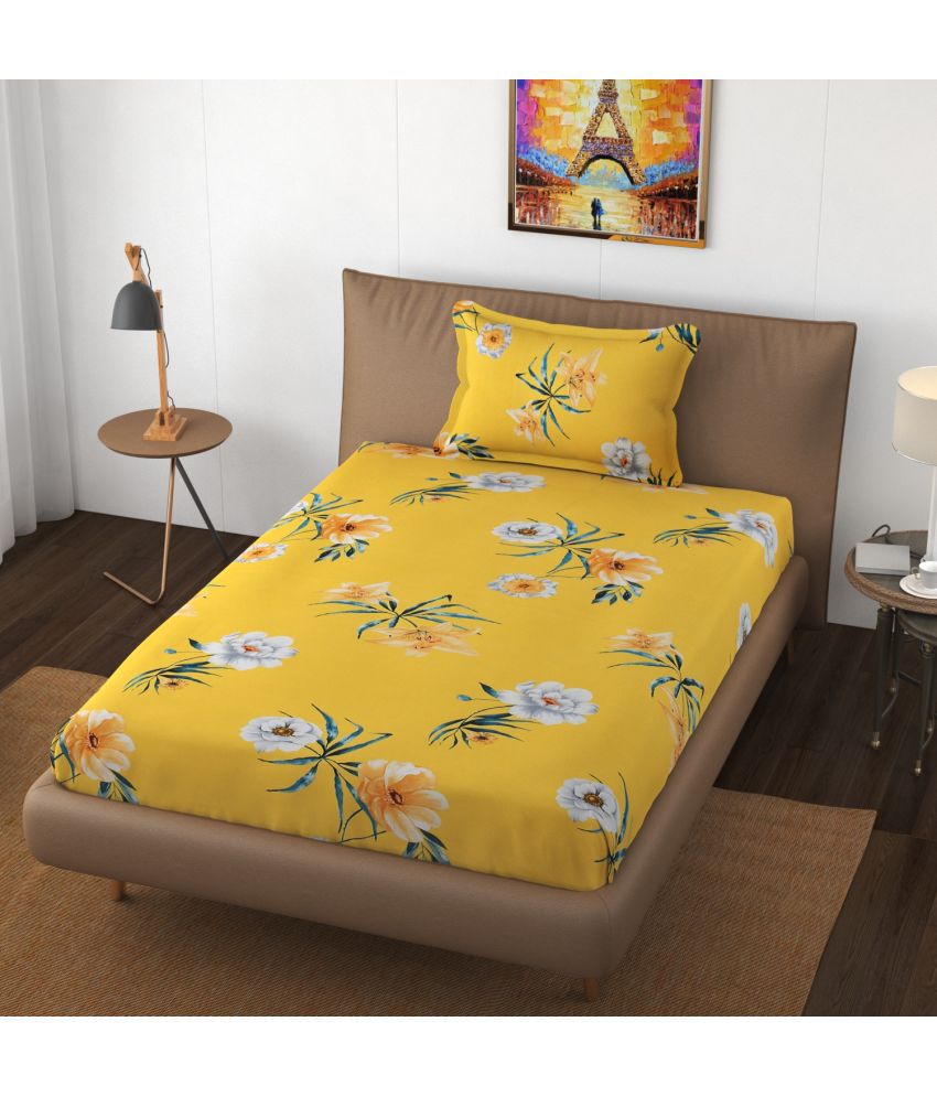     			HIDECOR Microfiber Floral Single Bedsheet with 1 Pillow Cover - Yellow