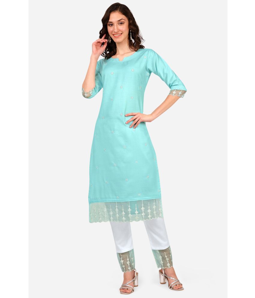     			Style Samsara Cotton Blend Embroidered Kurti With Pants Women's Stitched Salwar Suit - Light Blue ( Pack of 1 )