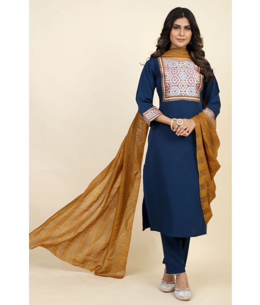     			Style Samsara Crepe Printed Kurti With Pants Women's Stitched Salwar Suit - Blue ( Pack of 1 )
