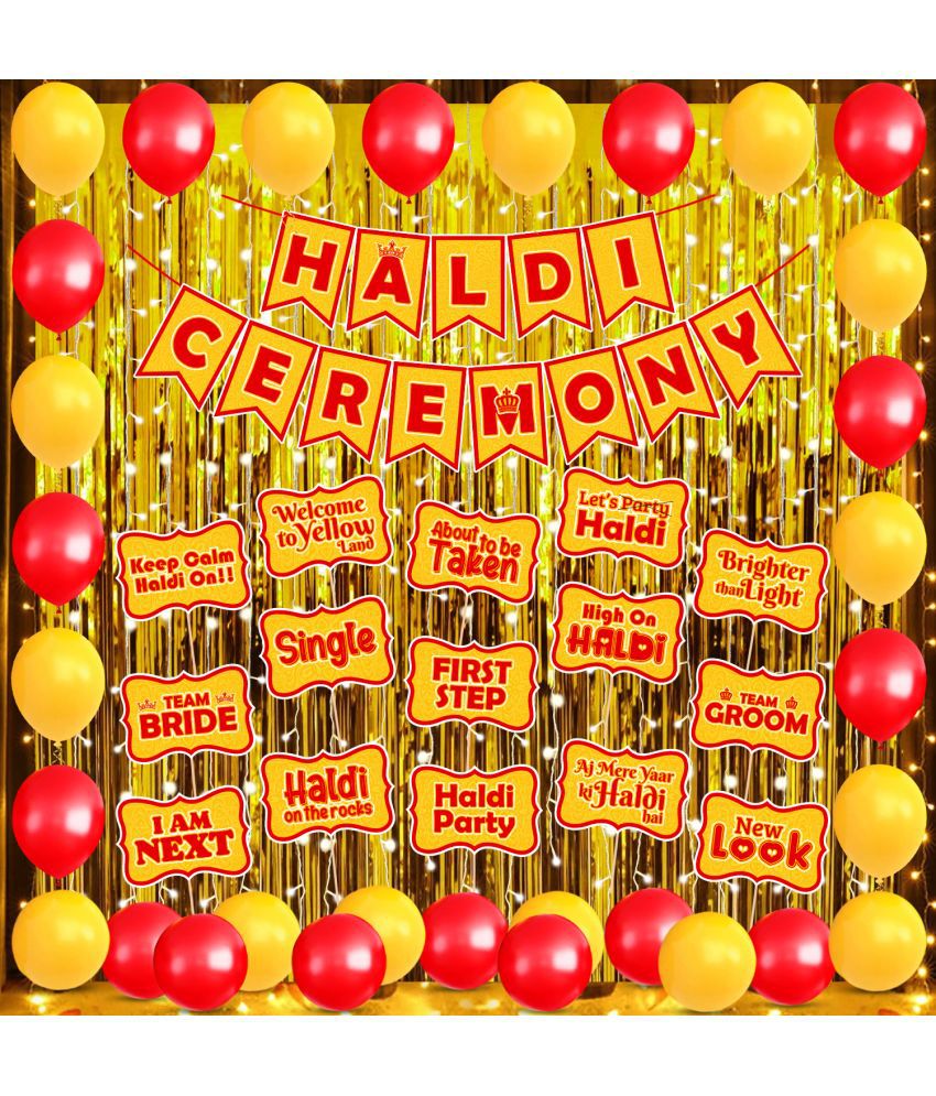     			Zyozi Haldi Ceremony Decorations Combo | Haldi Props for Bride and Family - Banner, Balloons, Photo Booth Props with Gold Foil Curtains & Rice Light (Pack Of 44)