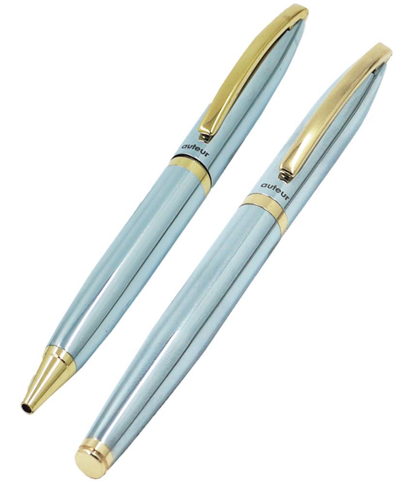     			auteur Executive Steel Finish Stylish Roller Pen and Ball Pen Gift Set With Gold Plated Trims .