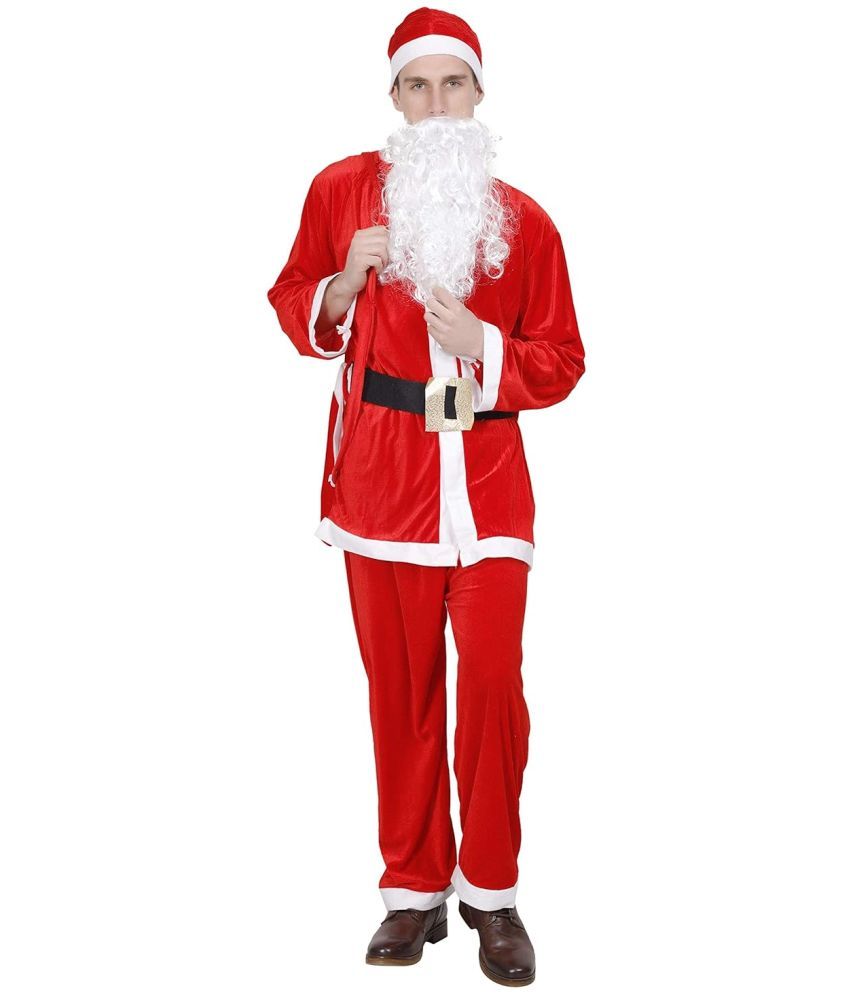     			Kaku Fancy Dresses Adult Santa Clause Fancy Dress in Velvet Fabric for Christmas Costume with White Beard, Cap, Belt and Bag, For Men's, 10-12 Years