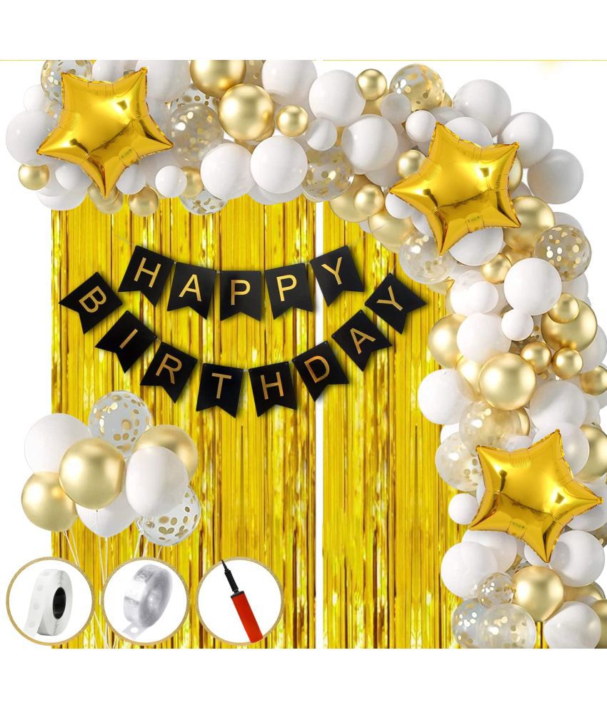     			Urban Classic Gold White Happy Birthday Decoration pack of 59 pcs -45Pcs(White, Gold) Balloons,5 Gold foil balloons, 2pcs Gold Curtains, 3pcs Gold star foil balloons, 1 Pc Black Happy Birthday Banner, Glue Dot, Arch Strip, Pump.
