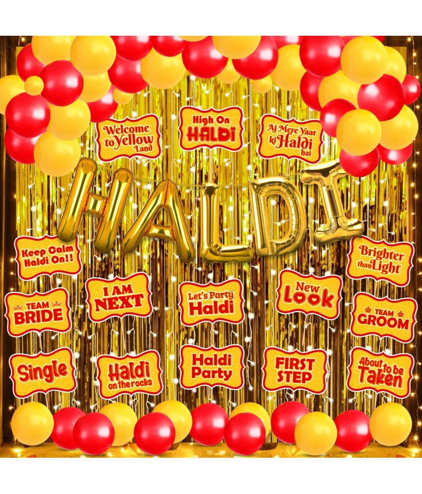     			Zyozi Haldi Ceremony Decorations Items | Haldi Ceremony Combo - Haldi Foil Balloons, Photo Booth, Balloons with Rice Light & Gold Foil Curtains (Pack Of 44)