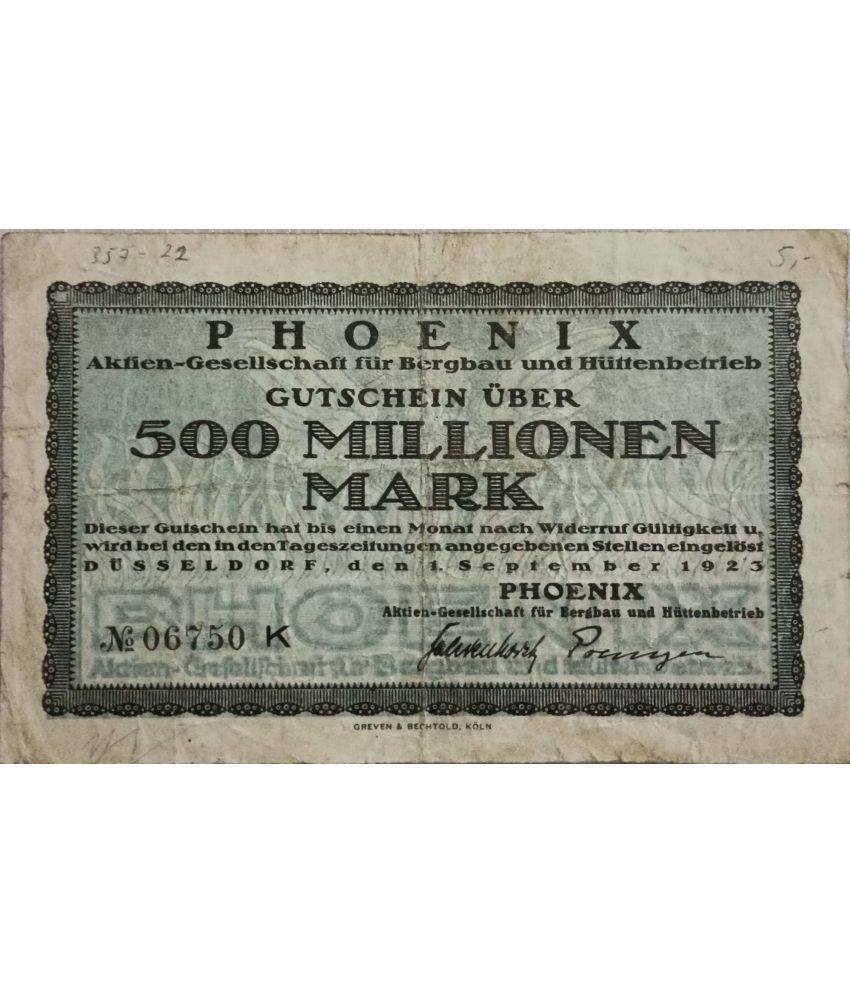     			Extremely Rare Scarce Old Vintage Germany 500 Million Mark Notegeld Banknote