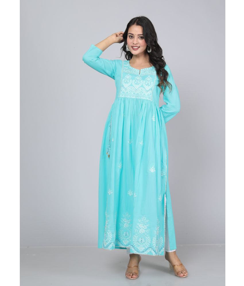     			HIGHLIGHT FASHION EXPORT Cotton Embroidered Nayra Women's Kurti - Light Blue ( Pack of 1 )
