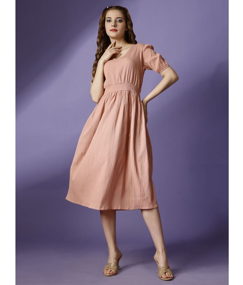     			RAISIN Polyester Solid Midi Women's Fit & Flare Dress - Peach ( Pack of 1 )