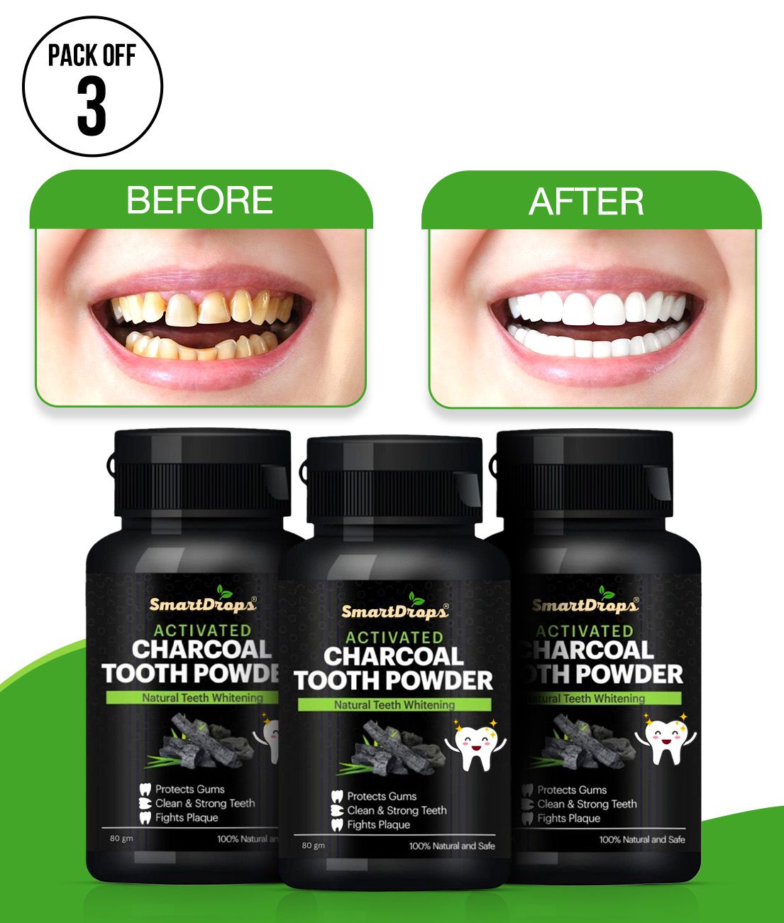    			Smartdrops Activated Charcoal Teeth Powder For Teeth Whitening Powder 80gm Pack of 3