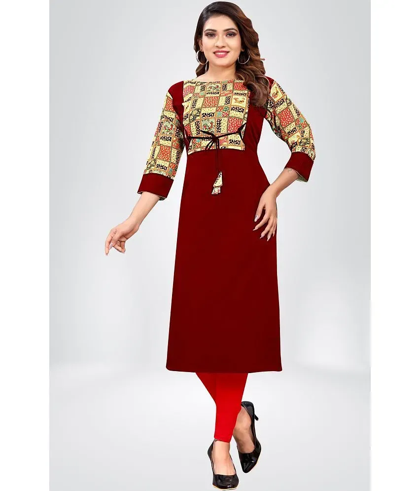 KHANJAN FASHION Crepe Printed Straight Women s Kurti Maroon