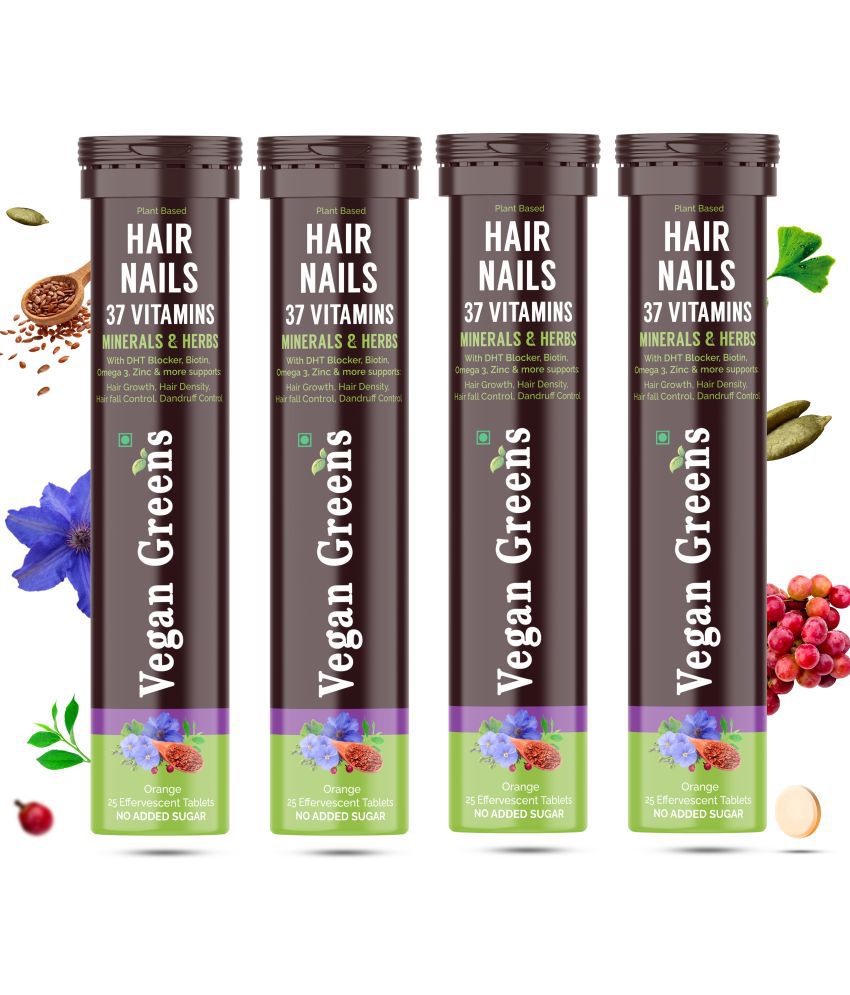     			Vegan Greens Hair & Nails 37Vitamins+ DHT Blocker BiotinZinc 100Effervescent Orange 100 no.s Orange Minerals Tablets