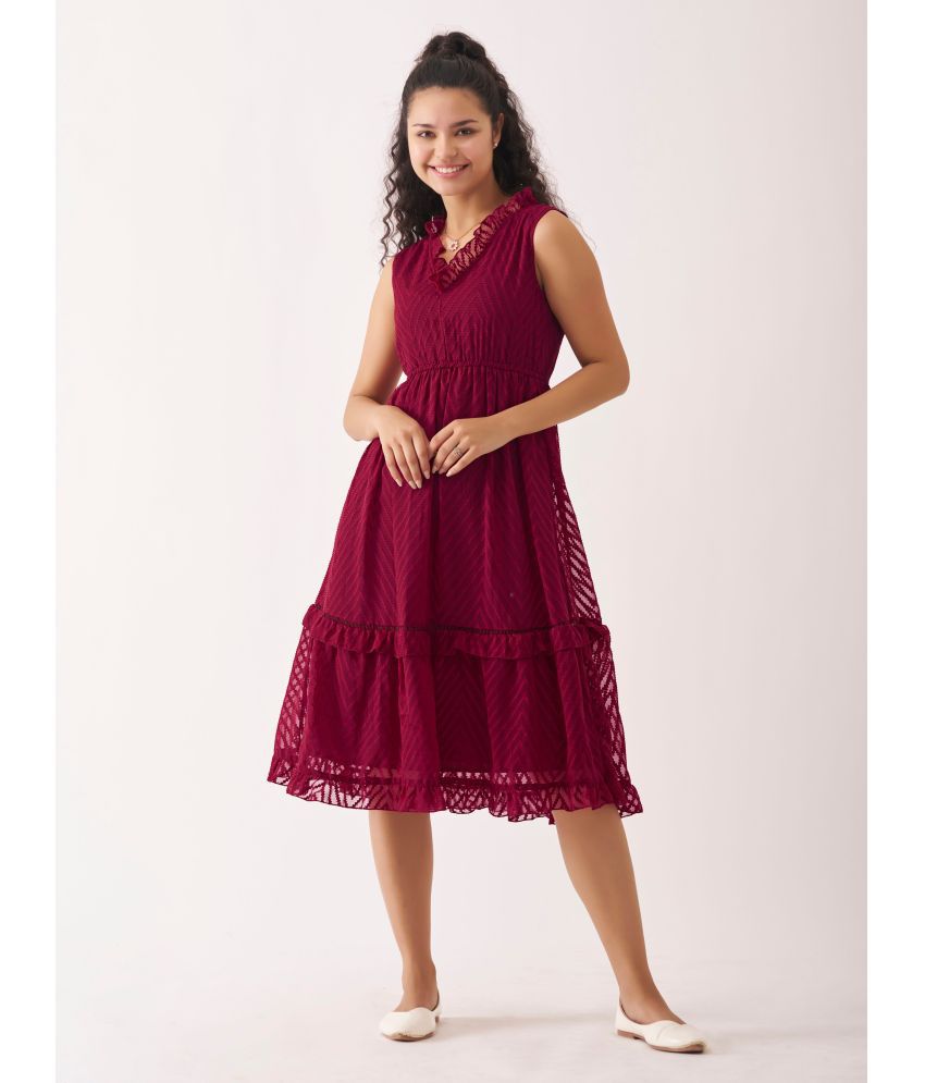    			aask Polyester Blend Embroidered Knee Length Women's Fit & Flare Dress - Wine ( Pack of 1 )