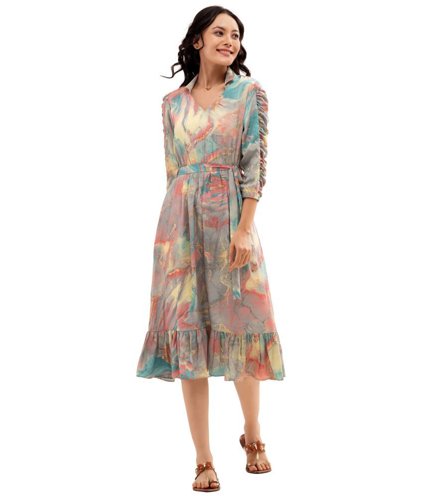     			aask Polyester Blend Printed Knee Length Women's Fit & Flare Dress - Multicolor ( Pack of 1 )