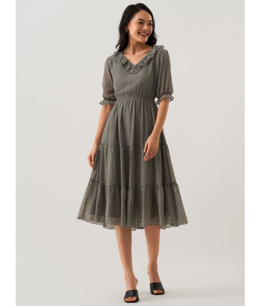     			aask Polyester Blend Striped Knee Length Women's Fit & Flare Dress - Grey ( Pack of 1 )